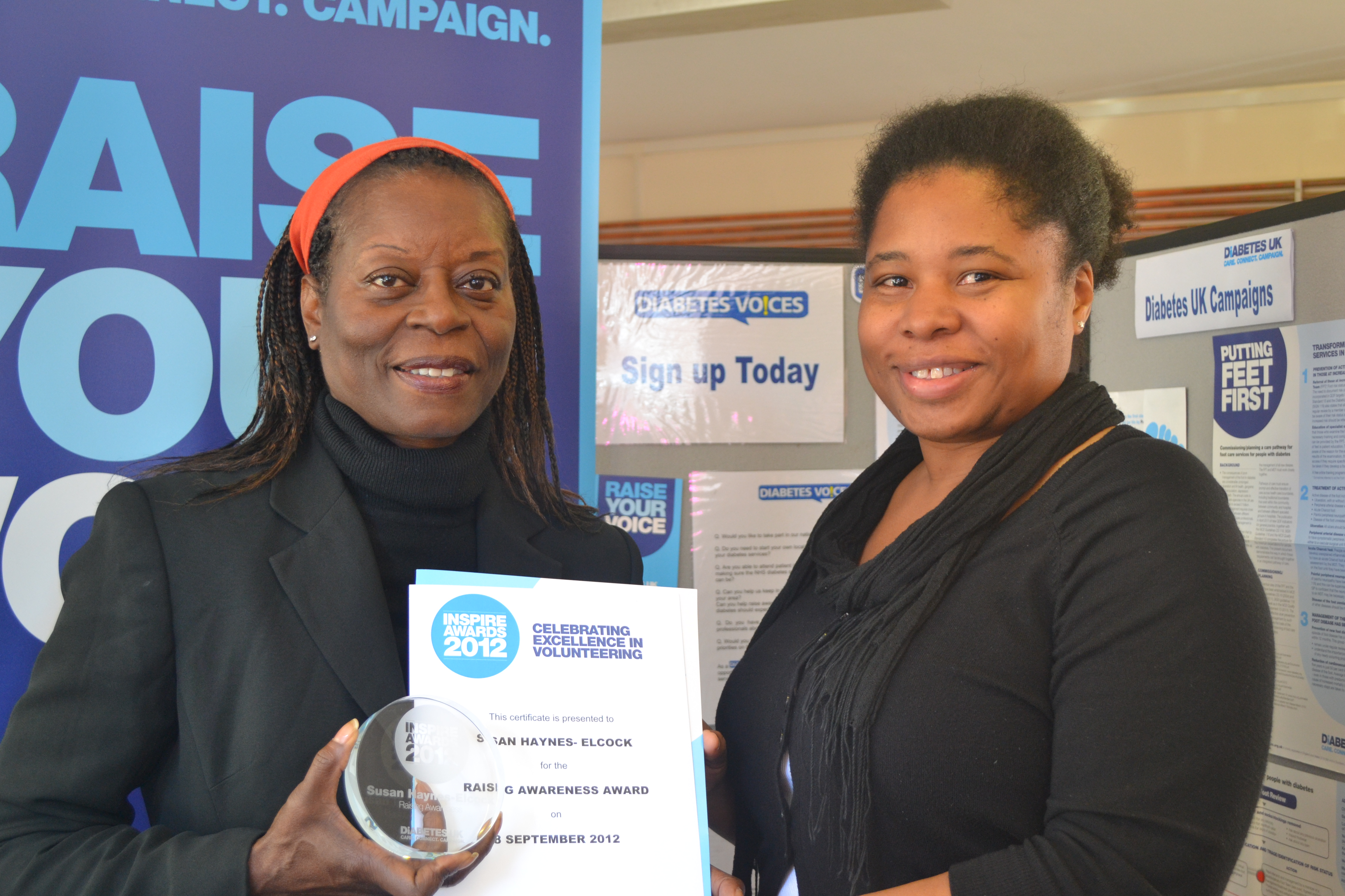 Attached is a photo of Susan on the LHS, receiving a Diabetes UK Inspire award at the end of the last year from Janet Alexander-Hall (on the RHS) who is Volunteer Development Officer for Diabetes UK in the Midlands.